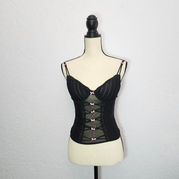 Y2K Gothic Grunge Betsey Johnson Black Mesh Bustier corset top - Picture 1 of 4